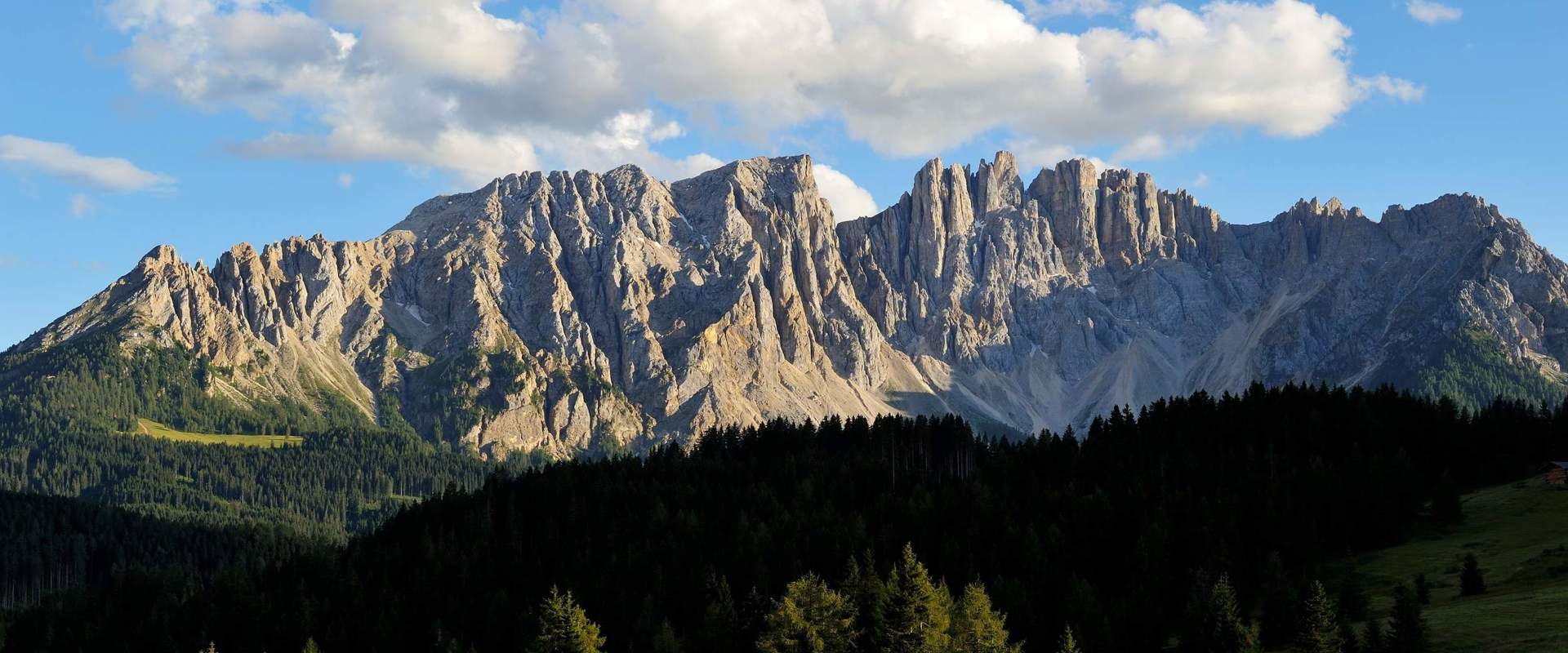 Latemar massif Magnificent view over the green meadows and forests in front of the Latemar massif.