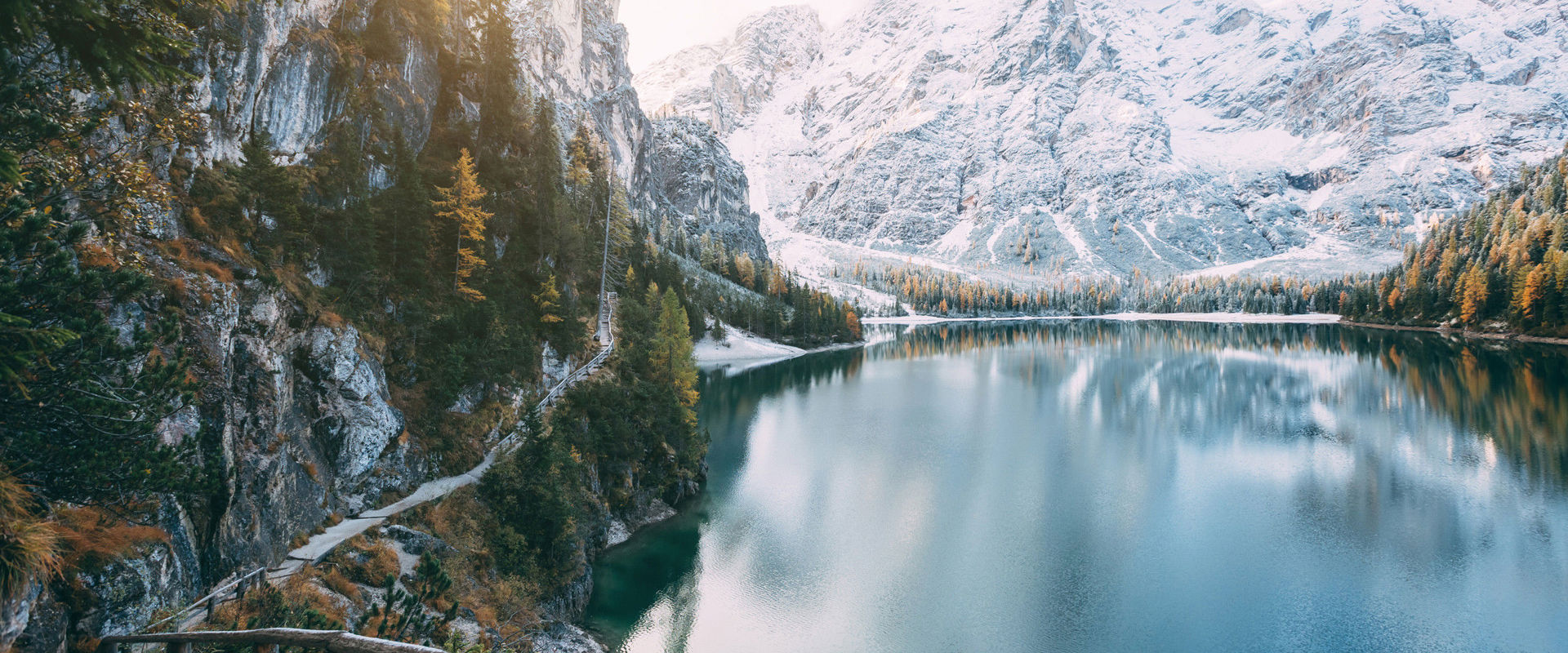 Lake Prags in winter View of the Lake Braies in winter with surrounding mountain landscape.