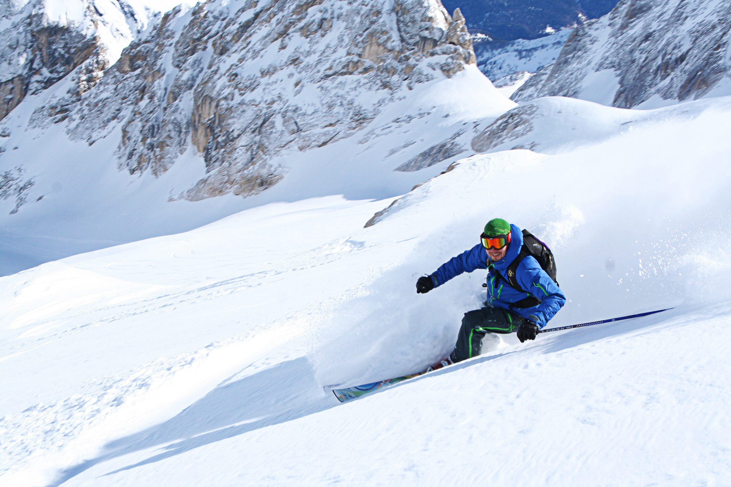 Downhill skiing on the spring snow.