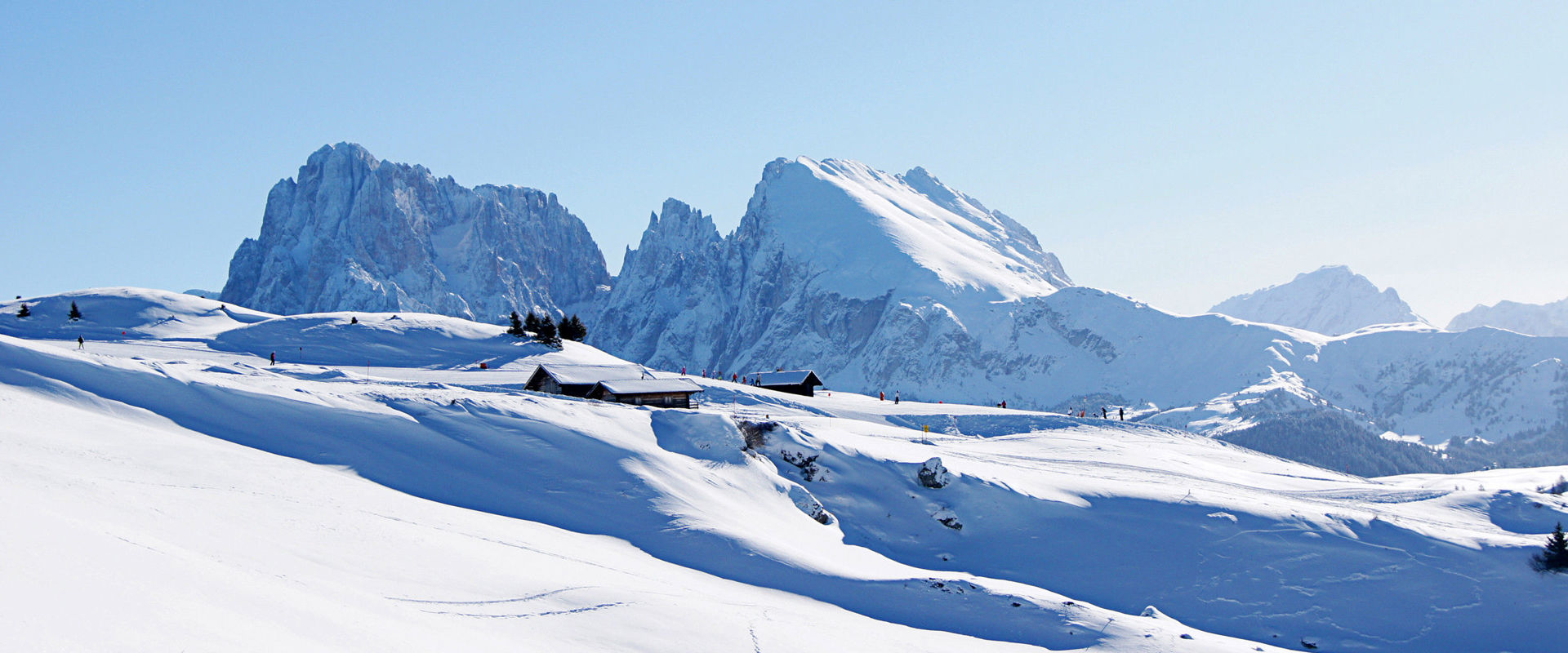 Seiser Alm in winter Seiser Alm covered with snow and view of the Rosengarten.