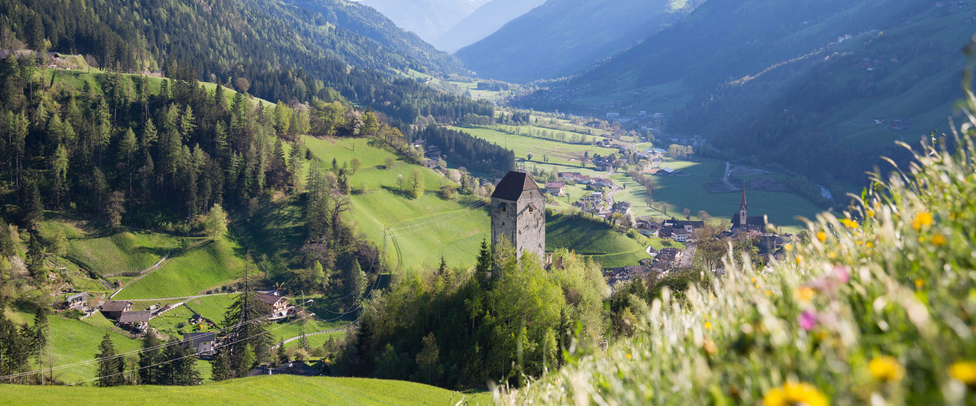 Jaufenburg View on the tower of the Jaufenburg and the surrounding natural landscape.