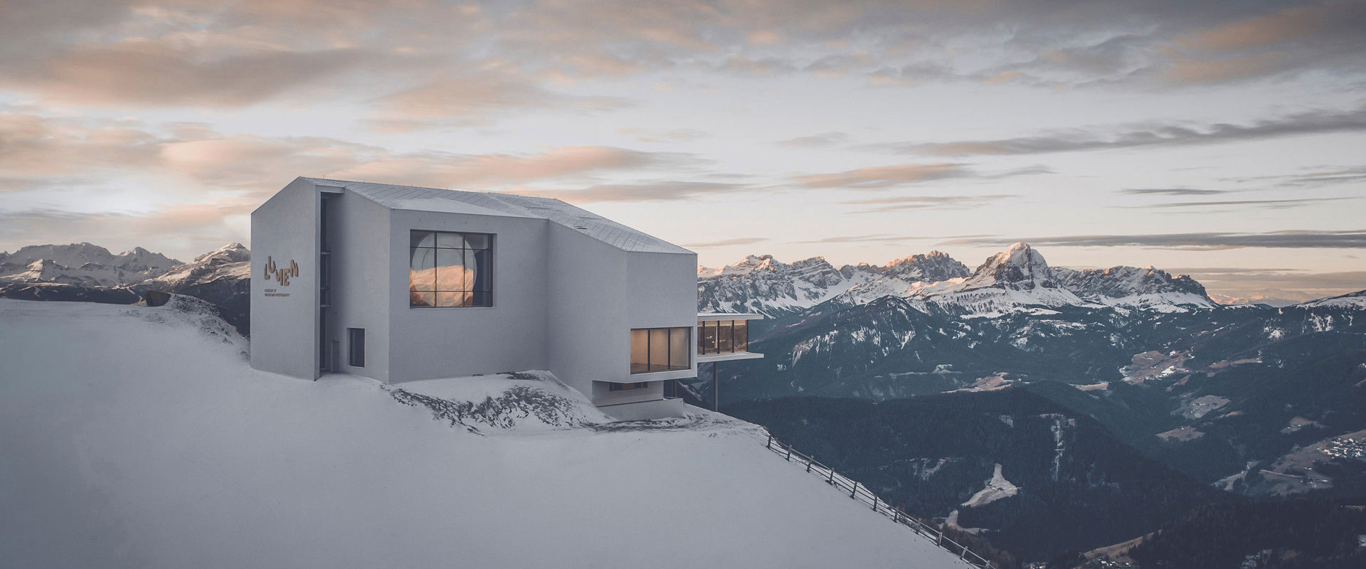 Museum for mountain photography Lumen Museum at the snow-covered summit of the Kronplatz.