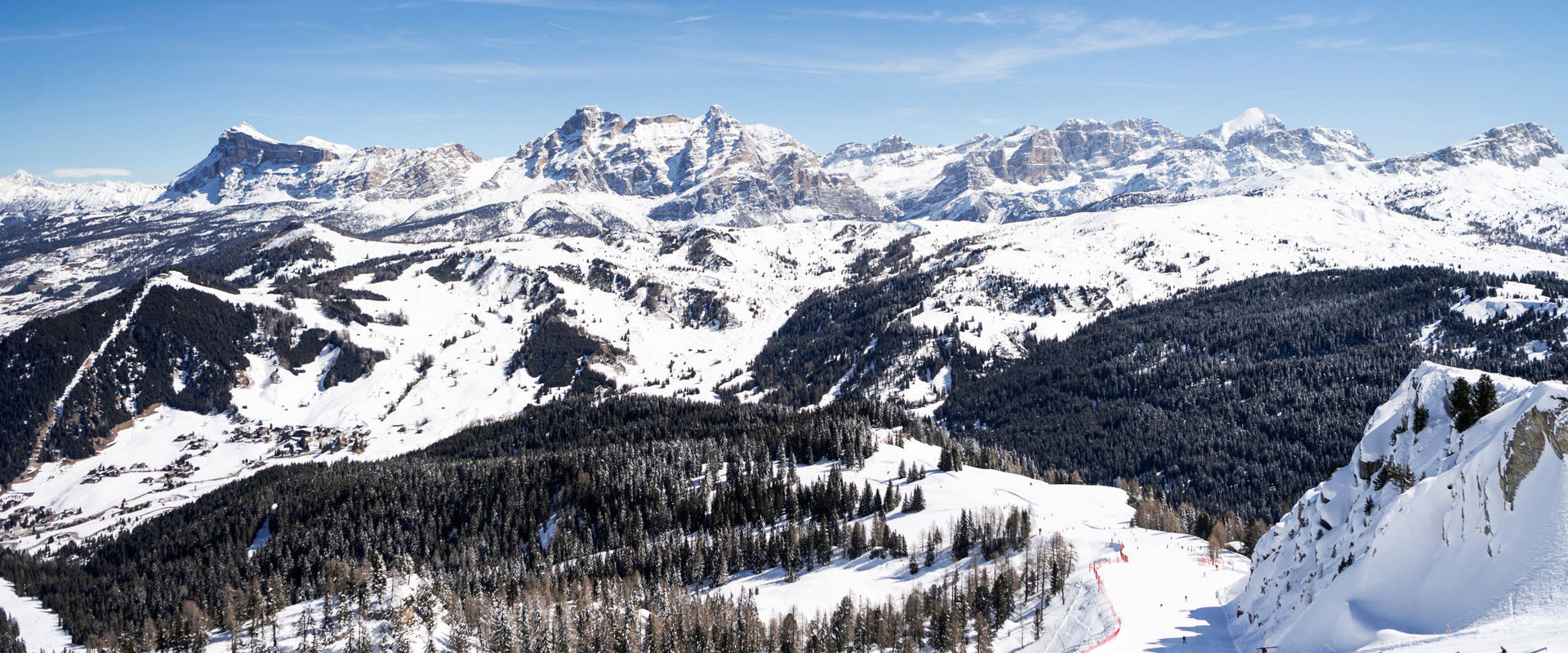 Corvara Ski slope in Corvara with view of the snowy Dolomites near Corvara
