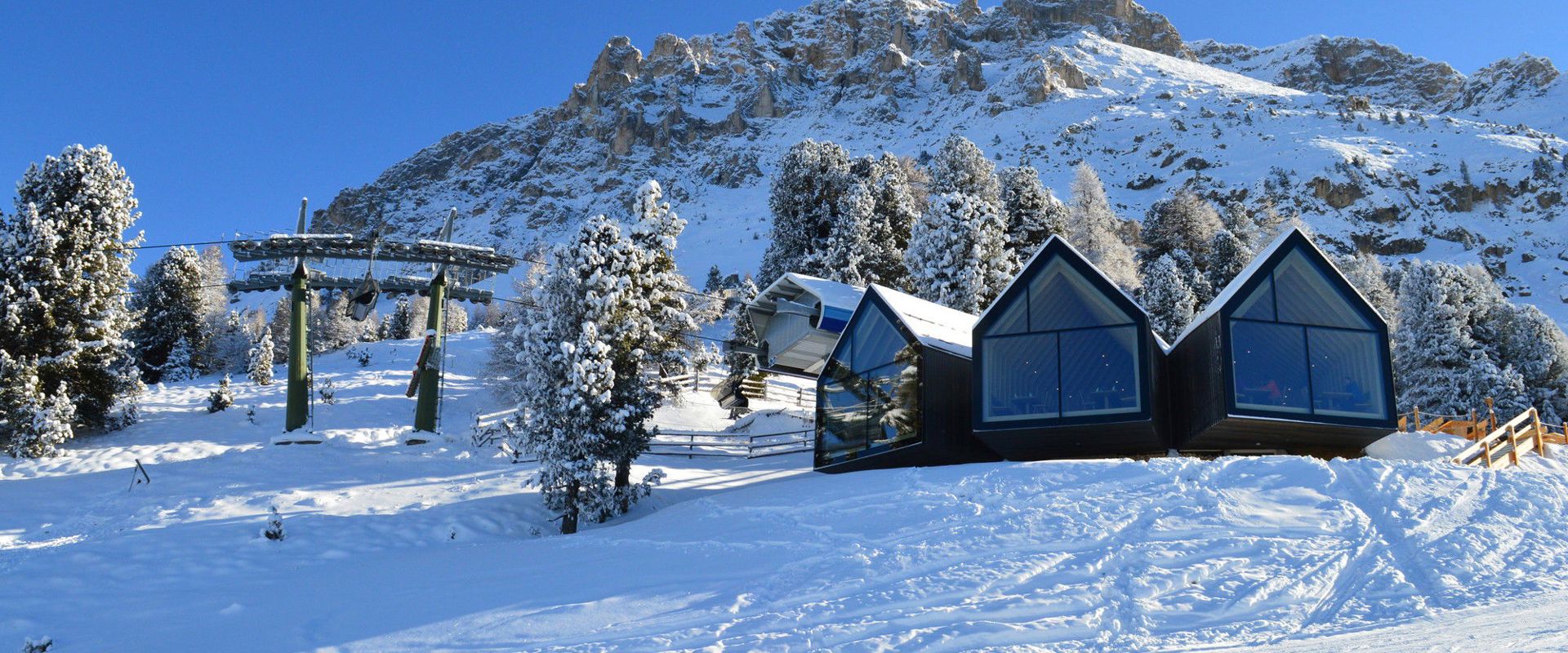 Ski area Obereggen Ski hut at the foot of the Latemar mountains.