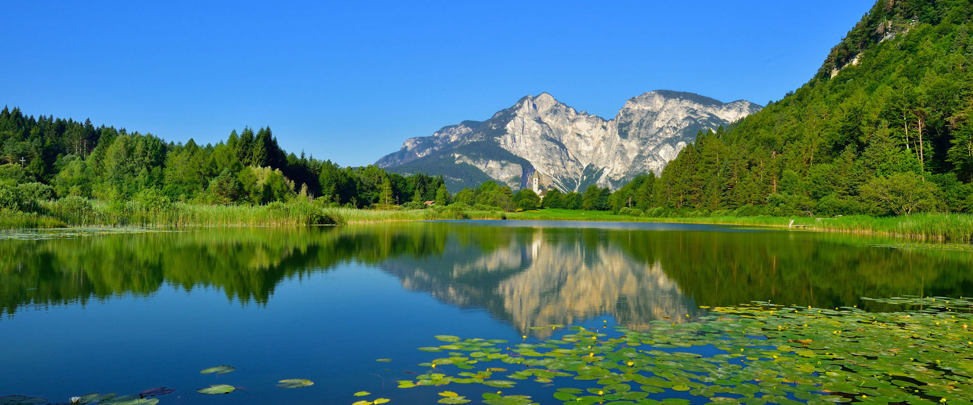 The soft mountain landscape is reflected in the dark blue lake with water lilies.
