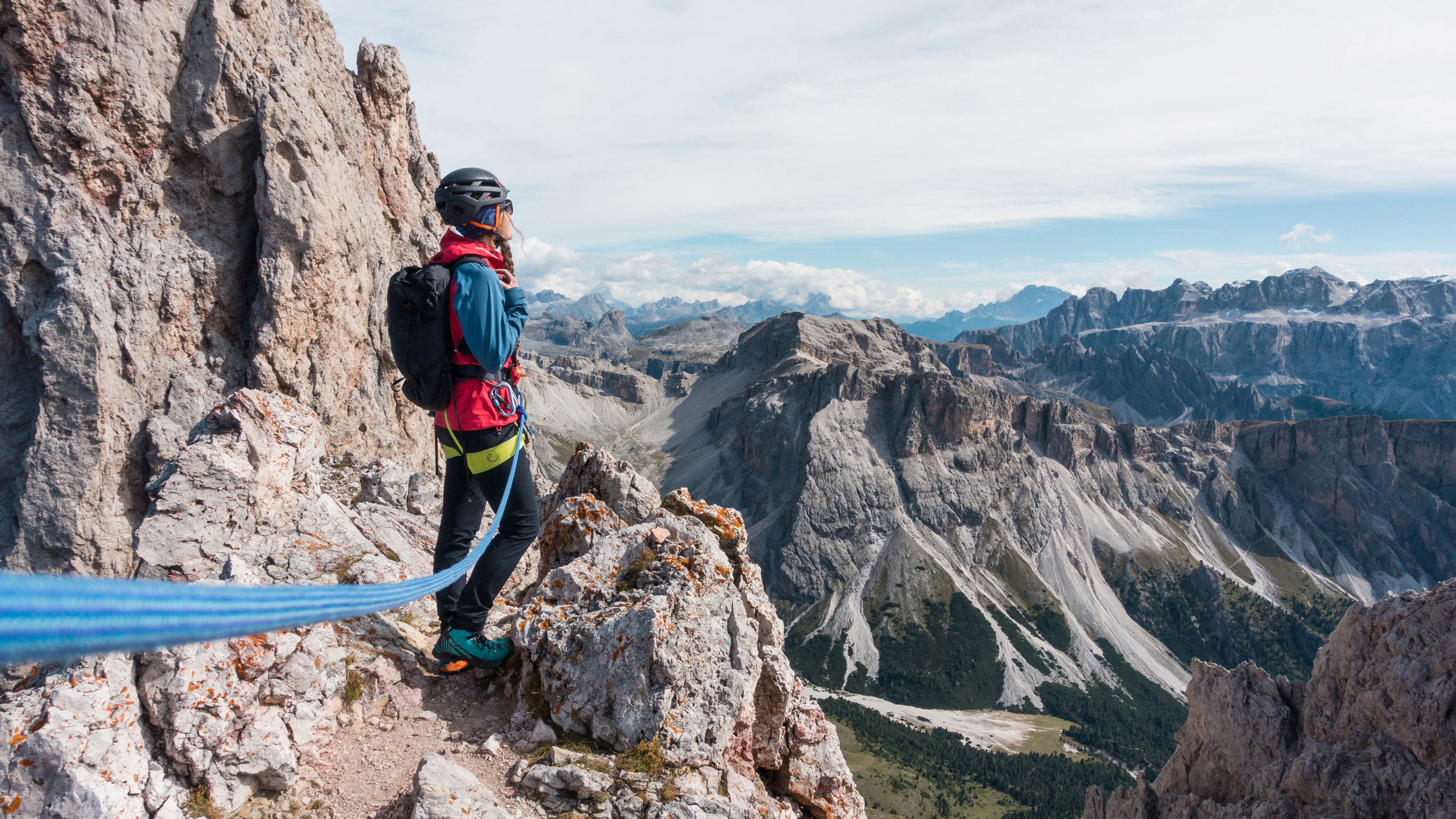 Climber enjoying the view on the Sas Rigais via ferrata.