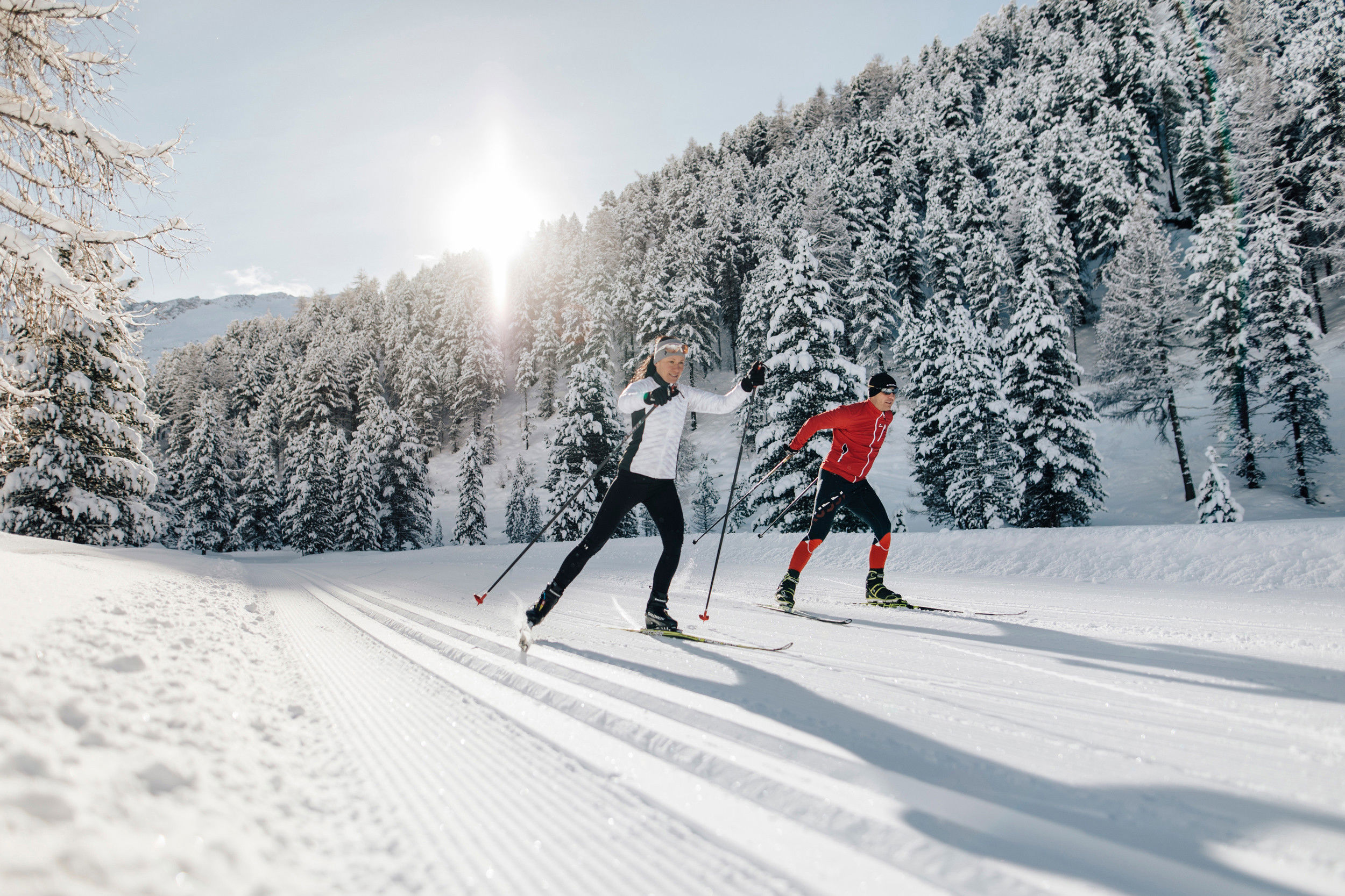2 cross-country skiers in the winter snowy landscape.
