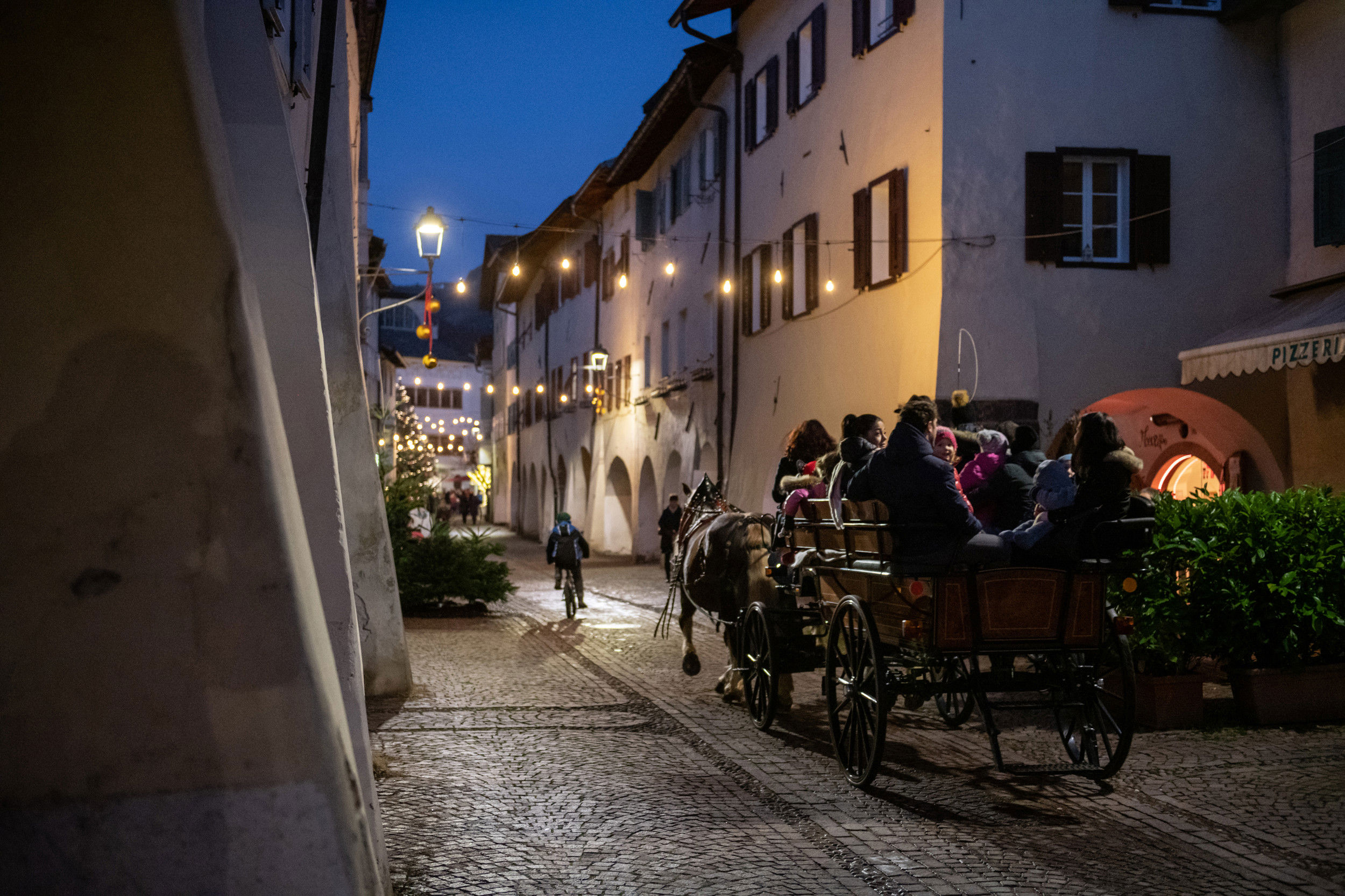 Horse-drawn carriage rides through the Christmas-lit alleys of Neumarkt.