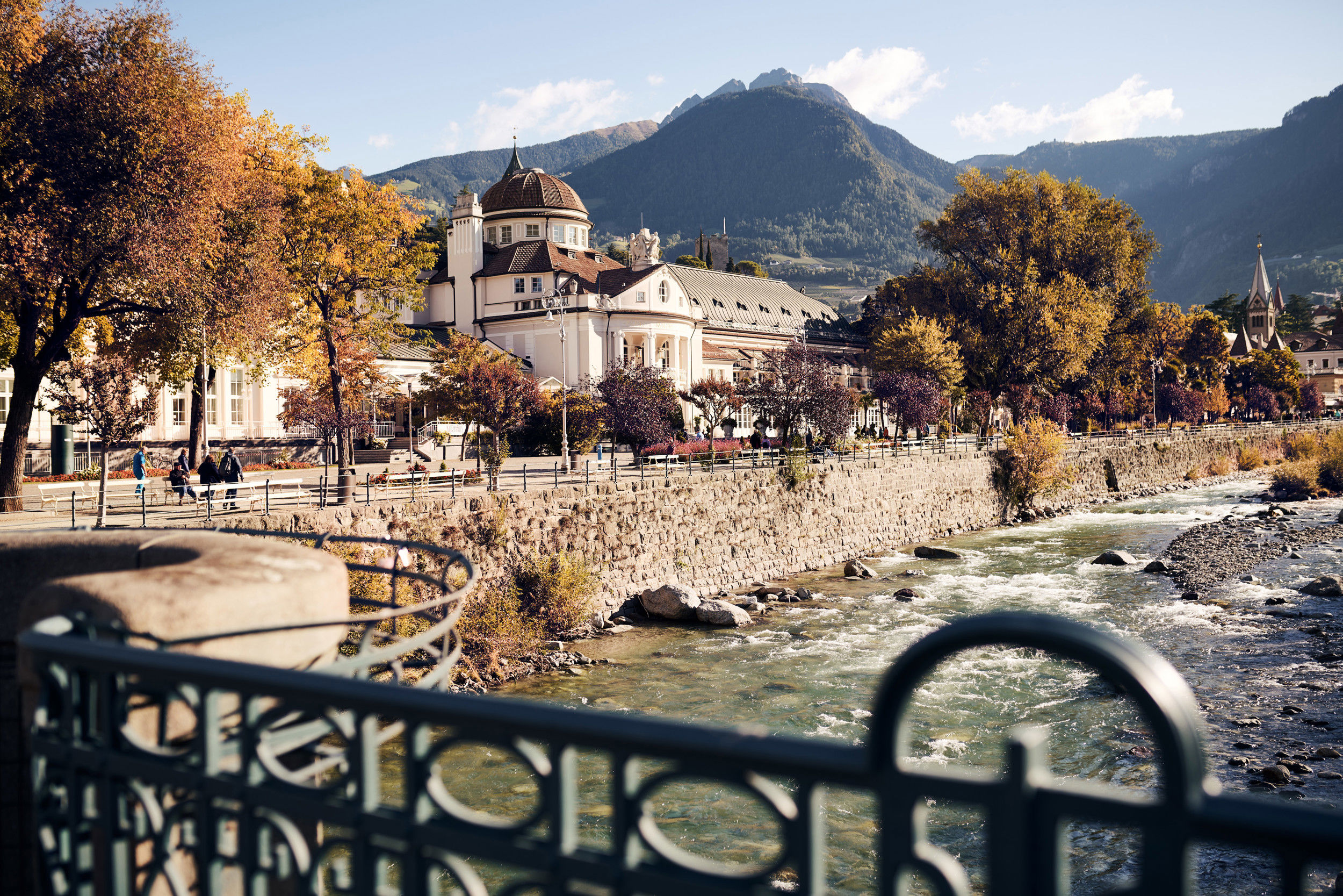 View of the old town of Meran from the bridge.